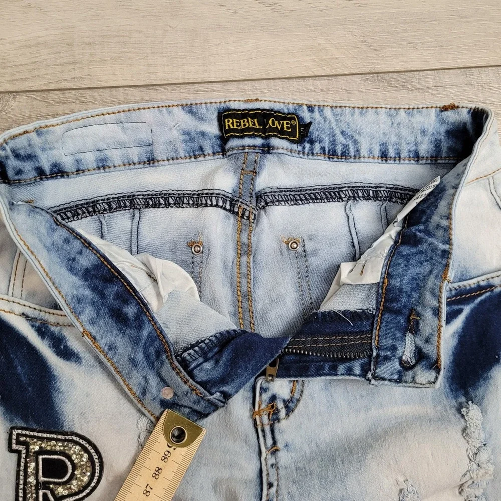 🔥Rebel Love Womens Skinny‎ Jeans 5/6 Distressed Blue Denim Y2K Retro Patches